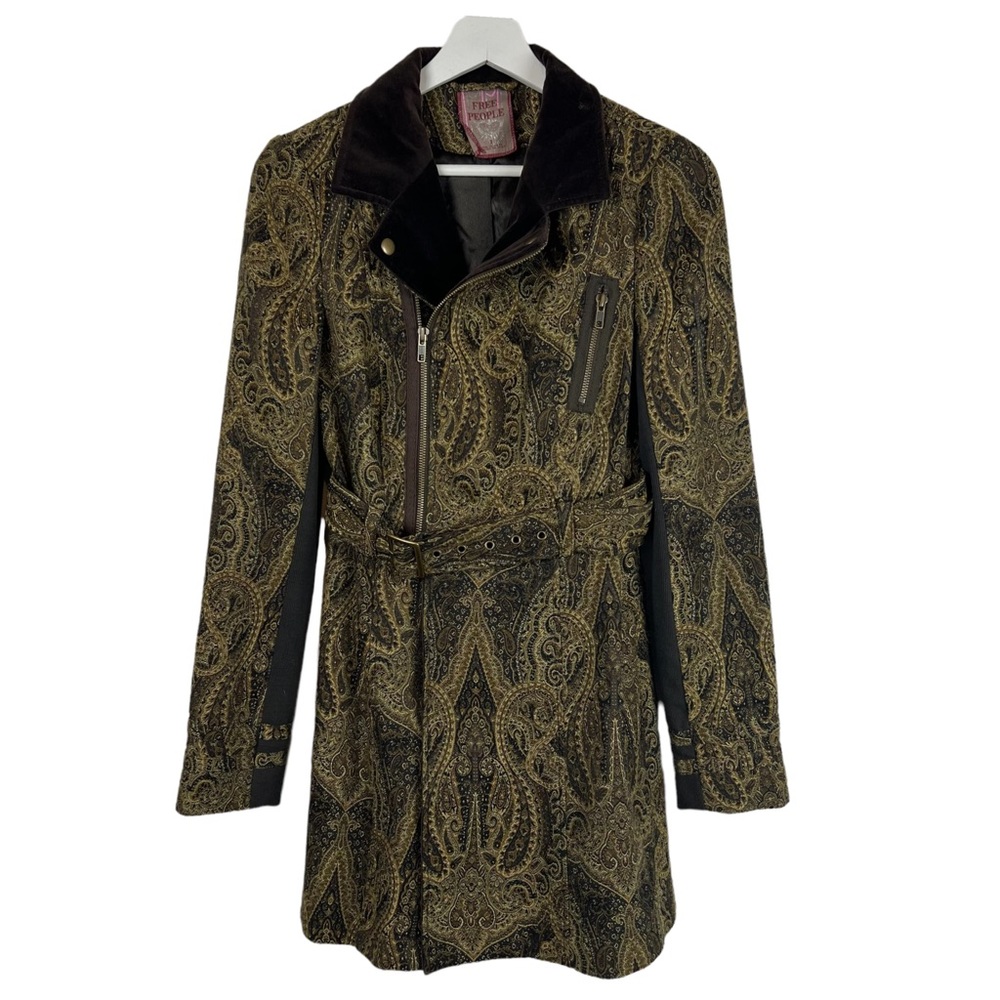 Free People Jacquard Velvet Moto Brocade Car Coat Jacket Tapestry Paisley Sz 8